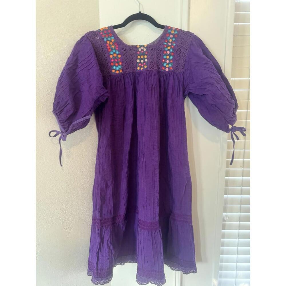 70s 1970s Purple Hand Embroidered Mexican Huipil Dress Ethnic Boho S/M